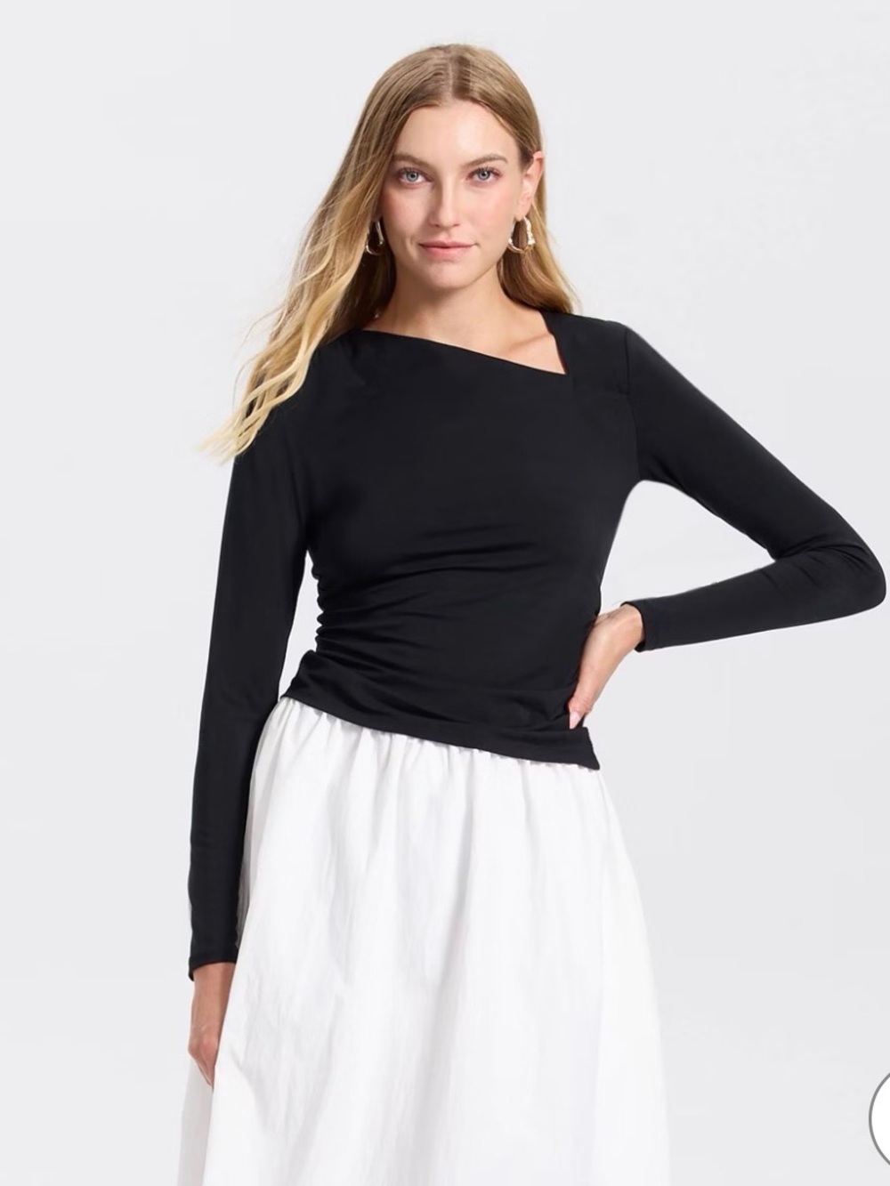 a new day Black Long-Sleeve Ruched Shoulder Top